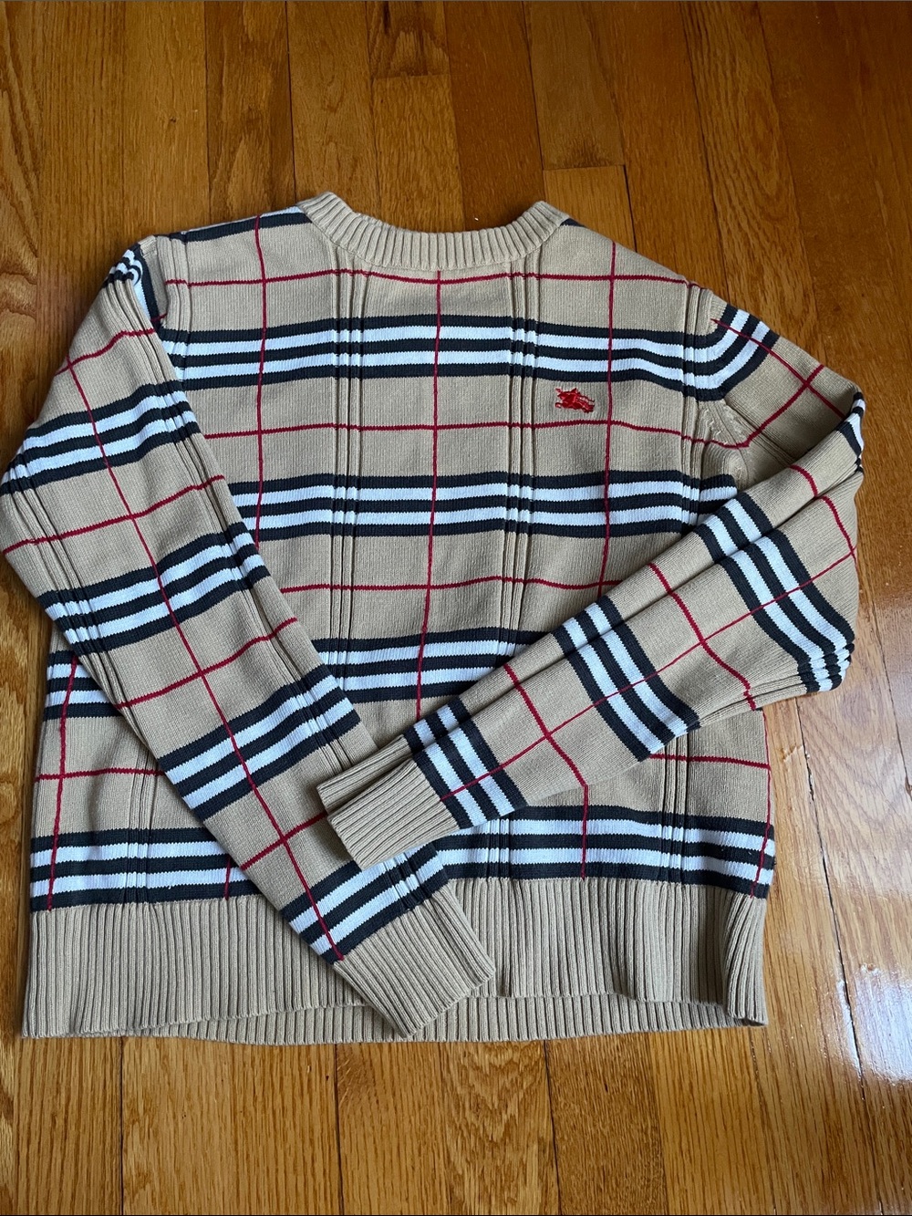Burberry Tan Plaid Crewneck Sweater with Red Logo